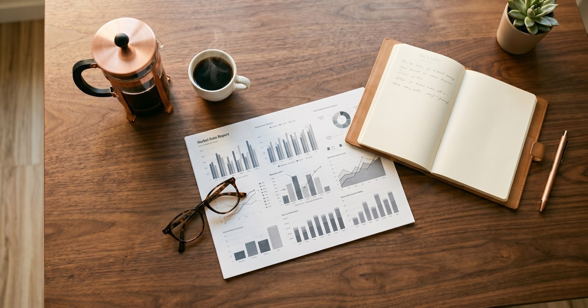 A walnut desk with a market data report, fresh coffee, and a leather notebook in warm morning light.