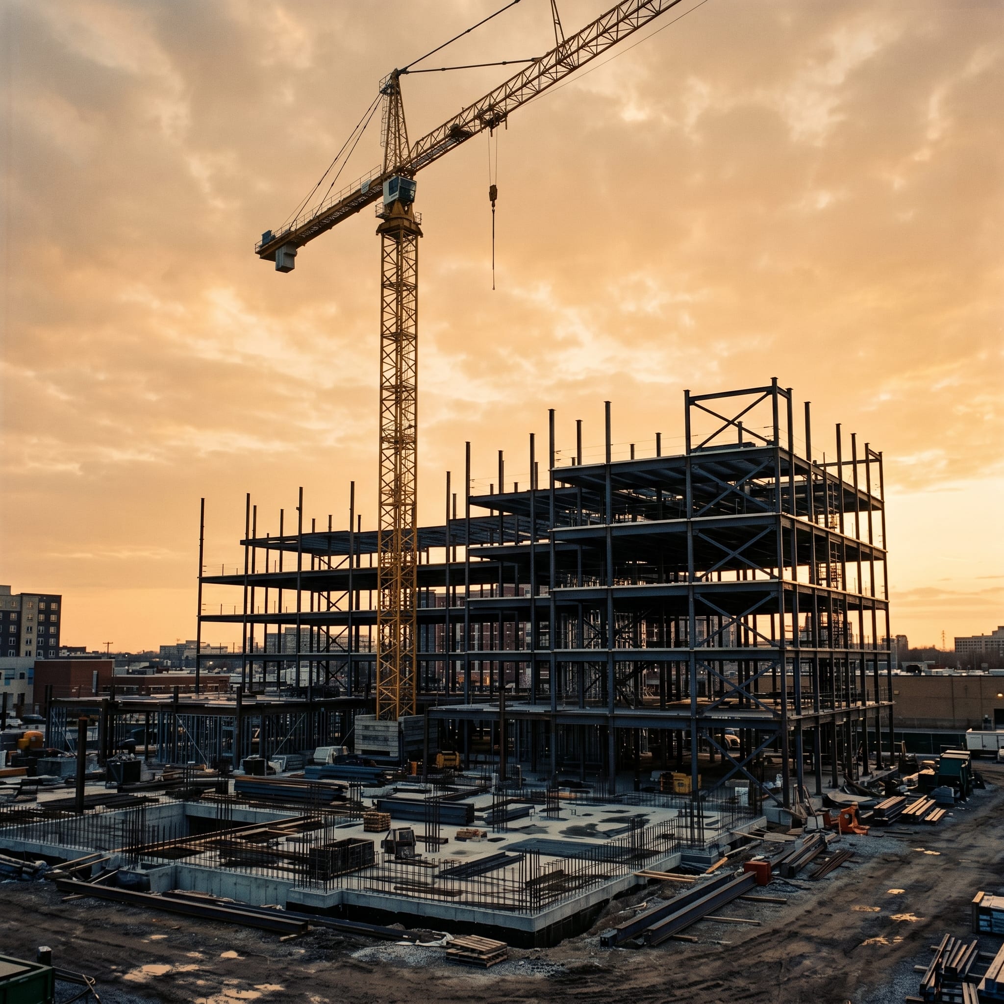 A multifamily construction site rising against a golden hour sky — illustrative imagery for the True Blue Lending bridge and construction financing program.