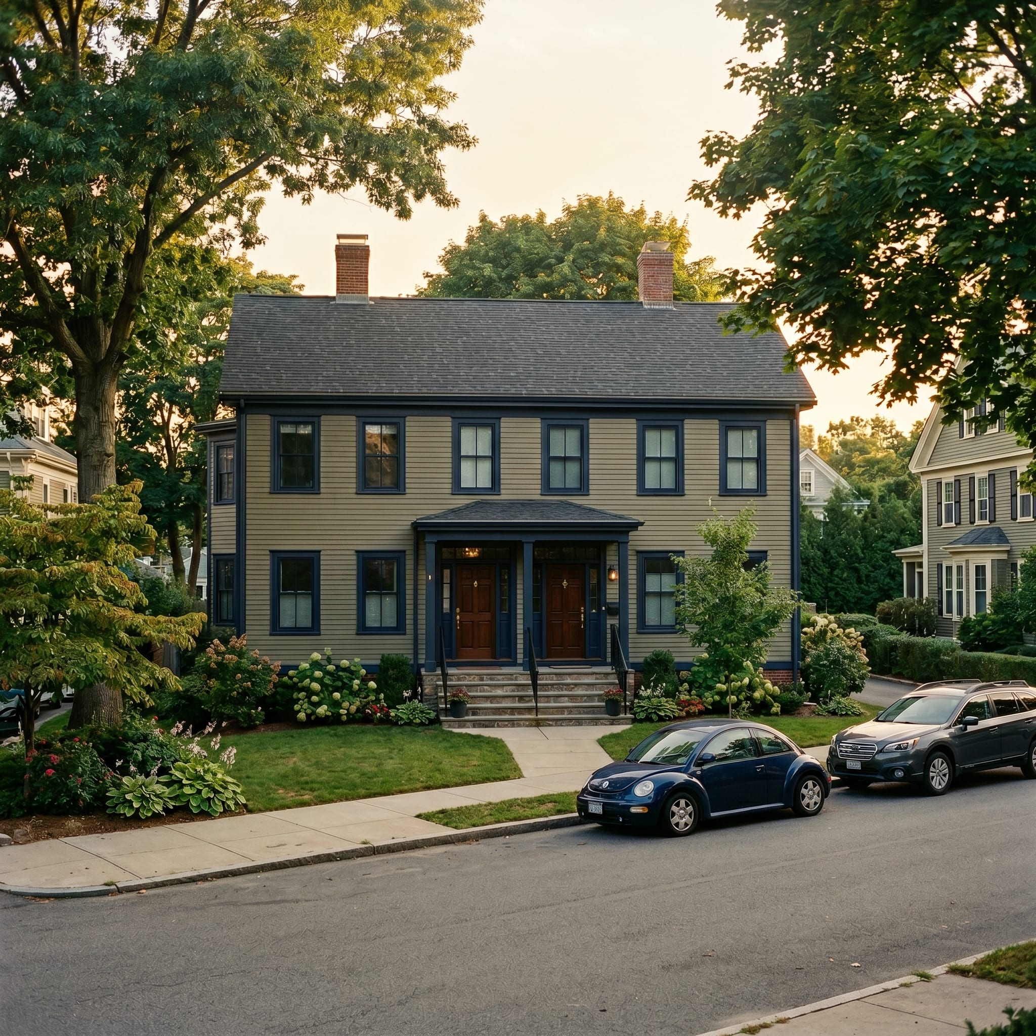 A well-maintained two-unit investment duplex on a tree-lined street — illustrative imagery for the True Blue Lending DSCR investment-property program.