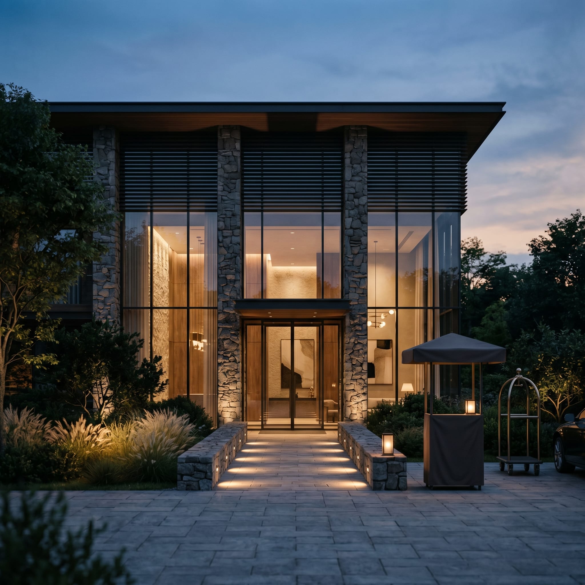 A boutique hotel exterior at dusk — illustrative imagery for the True Blue Lending hospitality financing program.