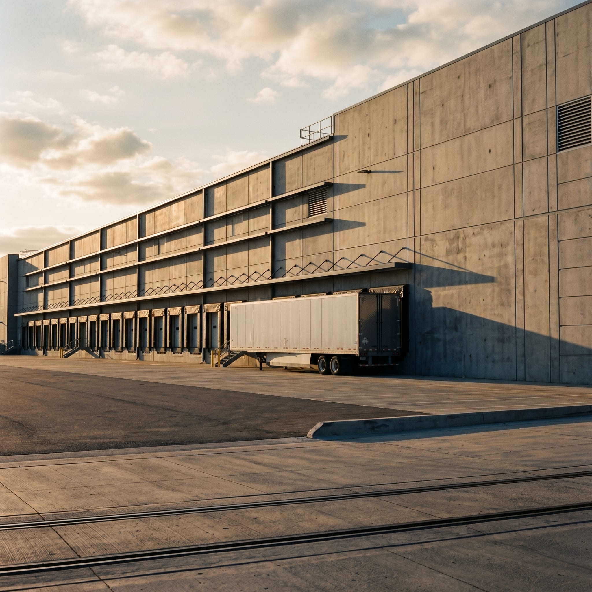 A modern distribution warehouse with loading docks at golden hour — illustrative imagery for the True Blue Lending industrial and warehouse financing program.