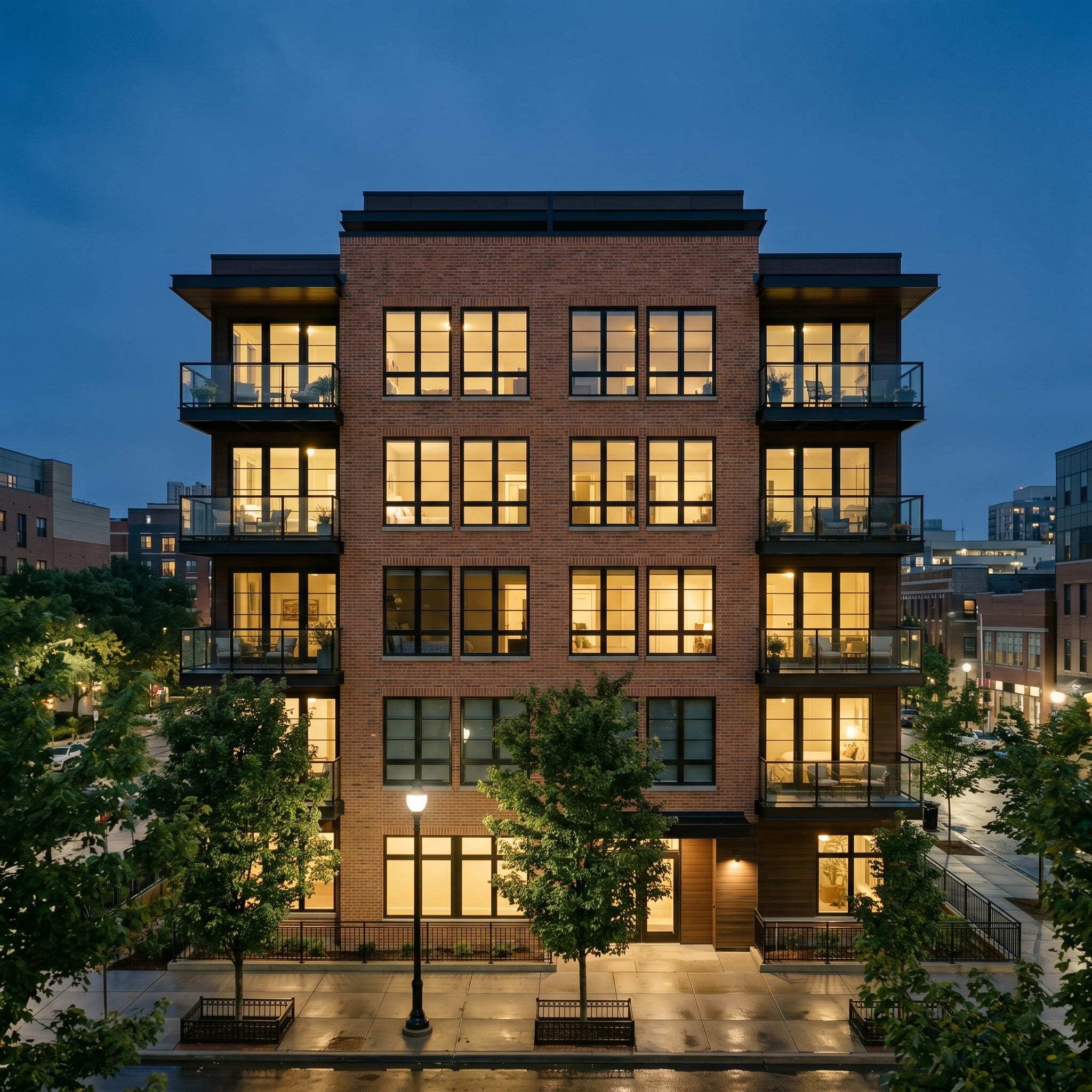 A modern mid-rise multifamily apartment building at evening blue hour — illustrative imagery for the True Blue Lending multifamily financing program.