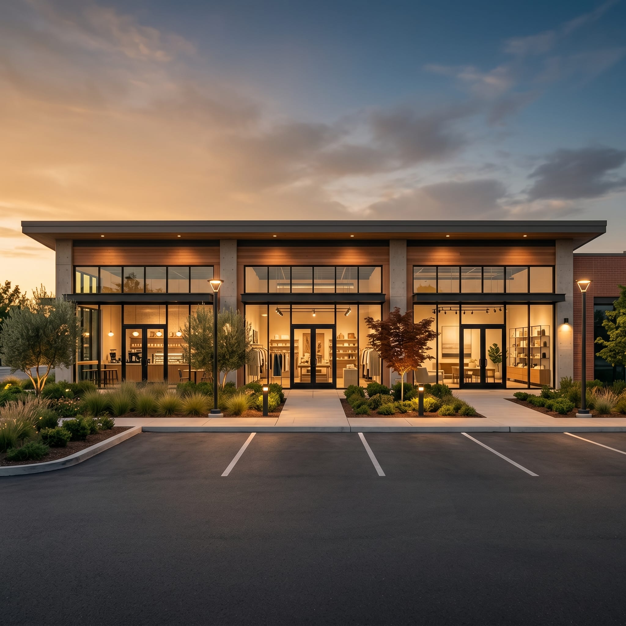 A clean modern strip retail center at golden hour — illustrative imagery for the True Blue Lending retail and office financing program.