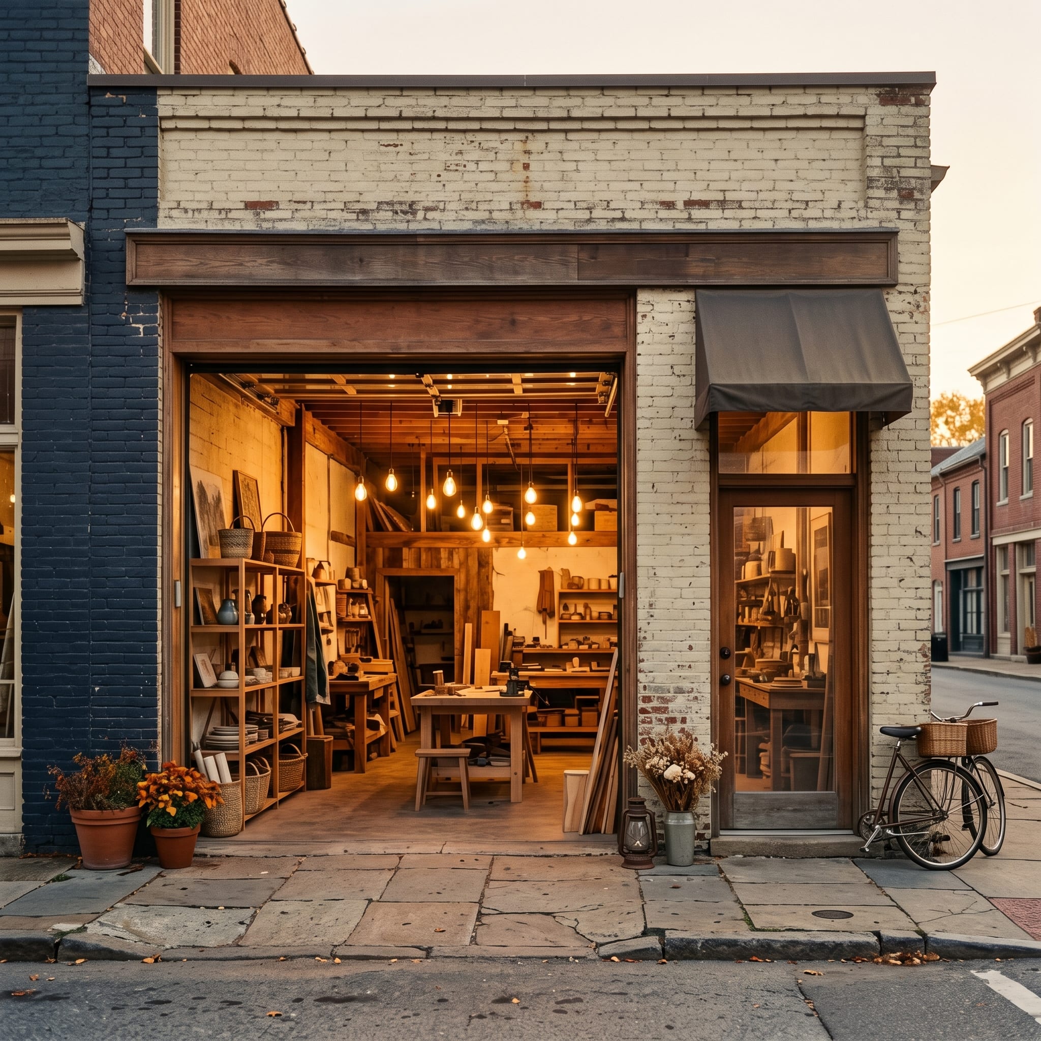 A classic Main Street independent business storefront at golden hour — illustrative imagery for the True Blue Lending SBA 7(a) and 504 financing program.