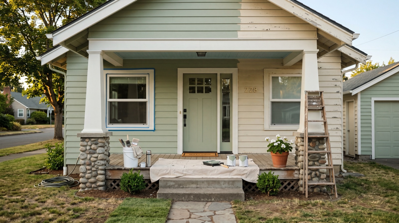 Mid-paint craftsman bungalow with a sage-green door, paint cans on the porch, and a wooden ladder leaning against the column — illustrating True Blue Lending FHA loan financing for first homes and renovations.