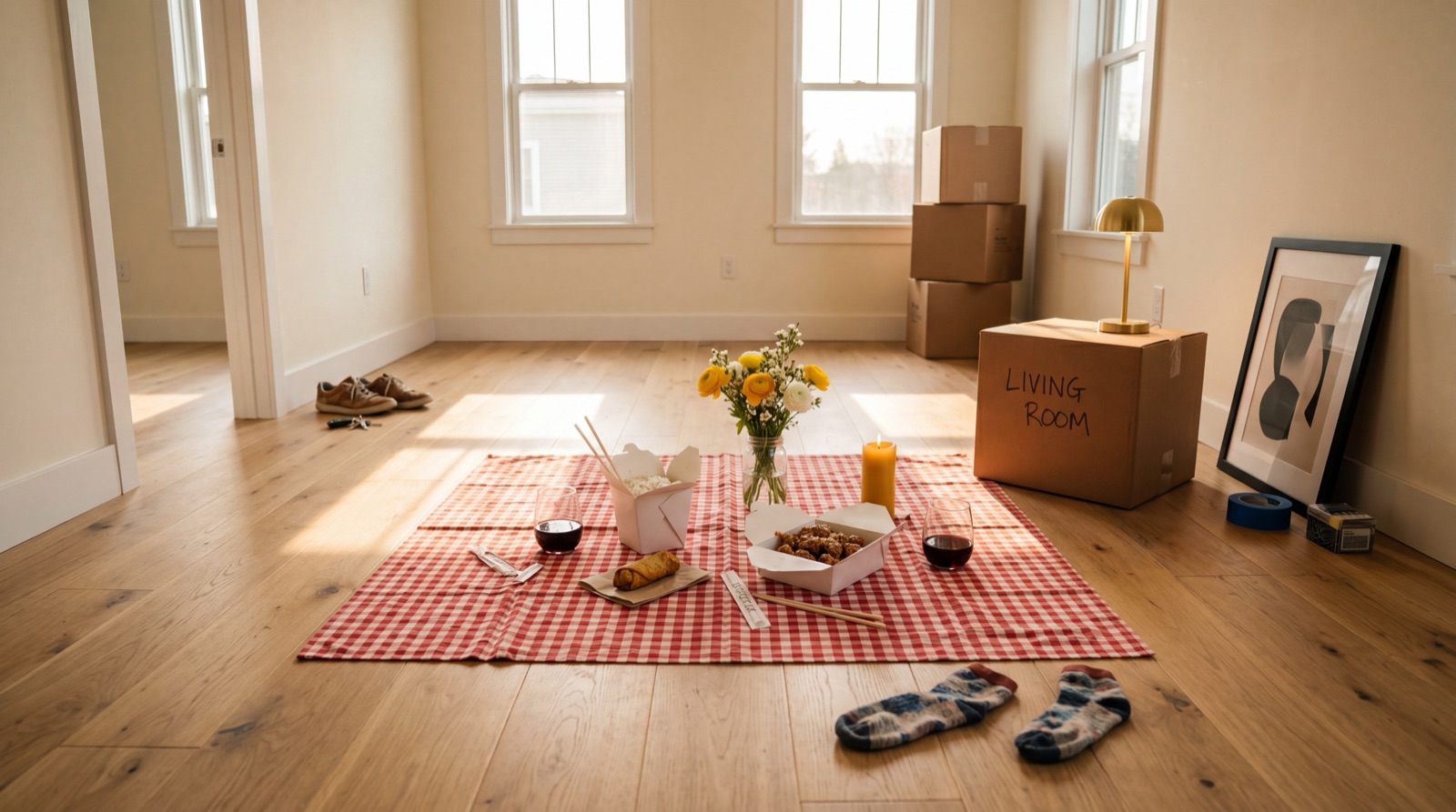 Sunlit empty living room of a freshly purchased starter home with hardwood floors and a few unopened moving boxes — illustrating True Blue Lending first-time home buyer programs.
