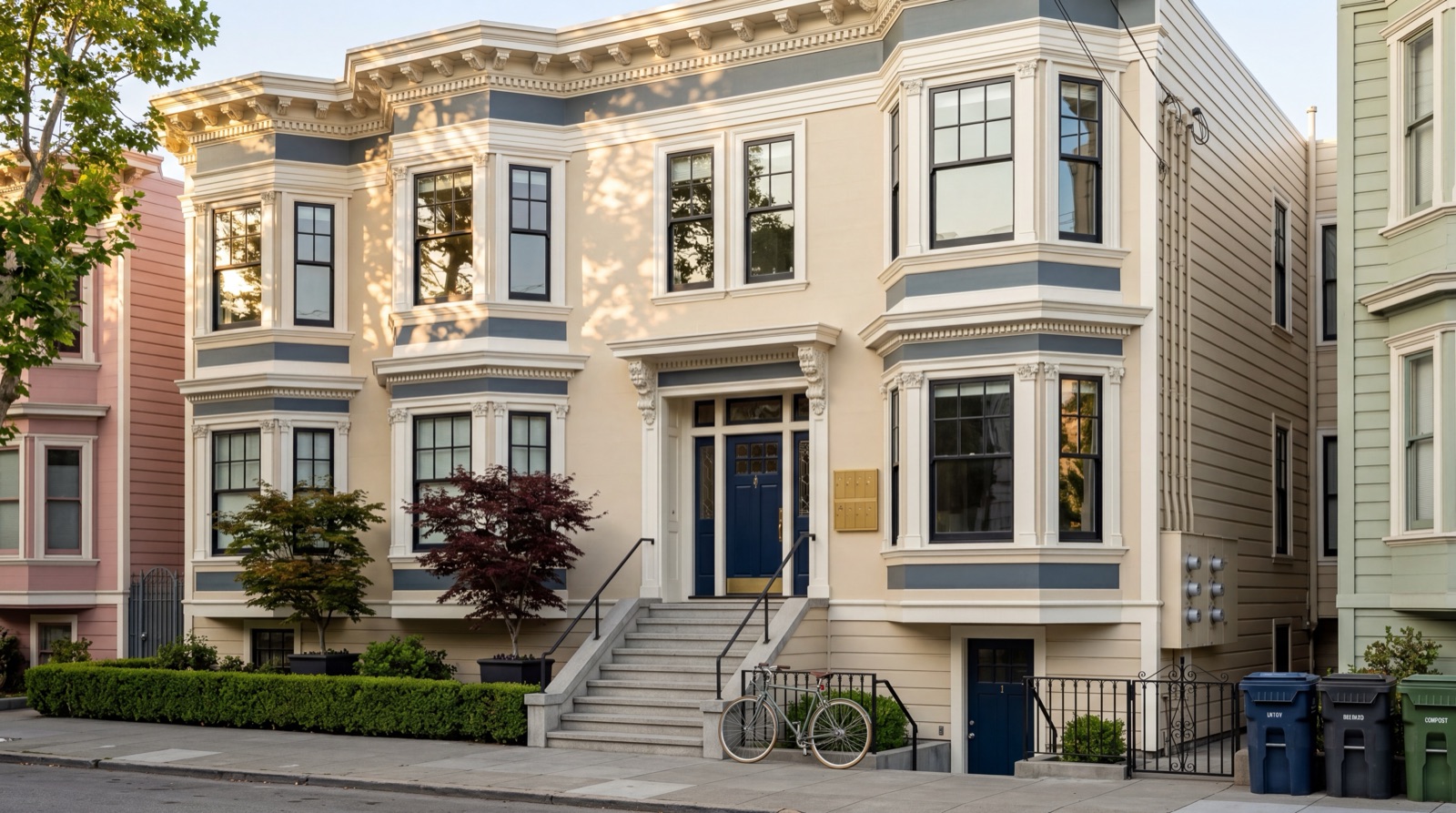 Three-story Edwardian-style multi-unit San Francisco residence with a bicycle on the sidewalk — illustrating True Blue Lending investment property and rental property loan programs.