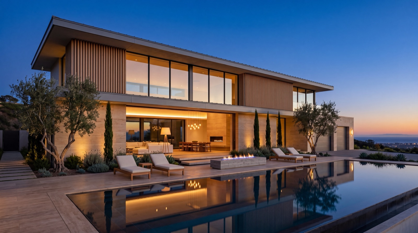 Modern luxury coastal home with floor-to-ceiling glass, infinity pool, and ocean horizon at evening blue hour — illustrating True Blue Lending jumbo loan financing above conforming limits.