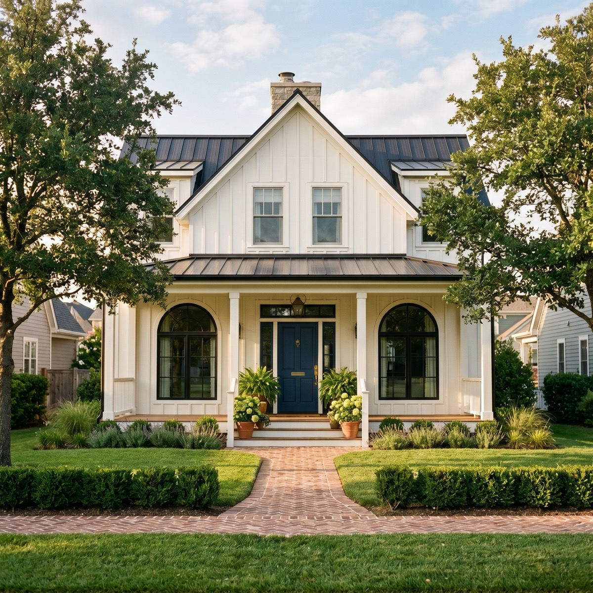 A two-story modern farmhouse at golden hour with white board-and-batten siding, a navy front door, arched flanking windows, a brick walkway, and mature oak trees — illustrating True Blue Lending residential purchase financing.