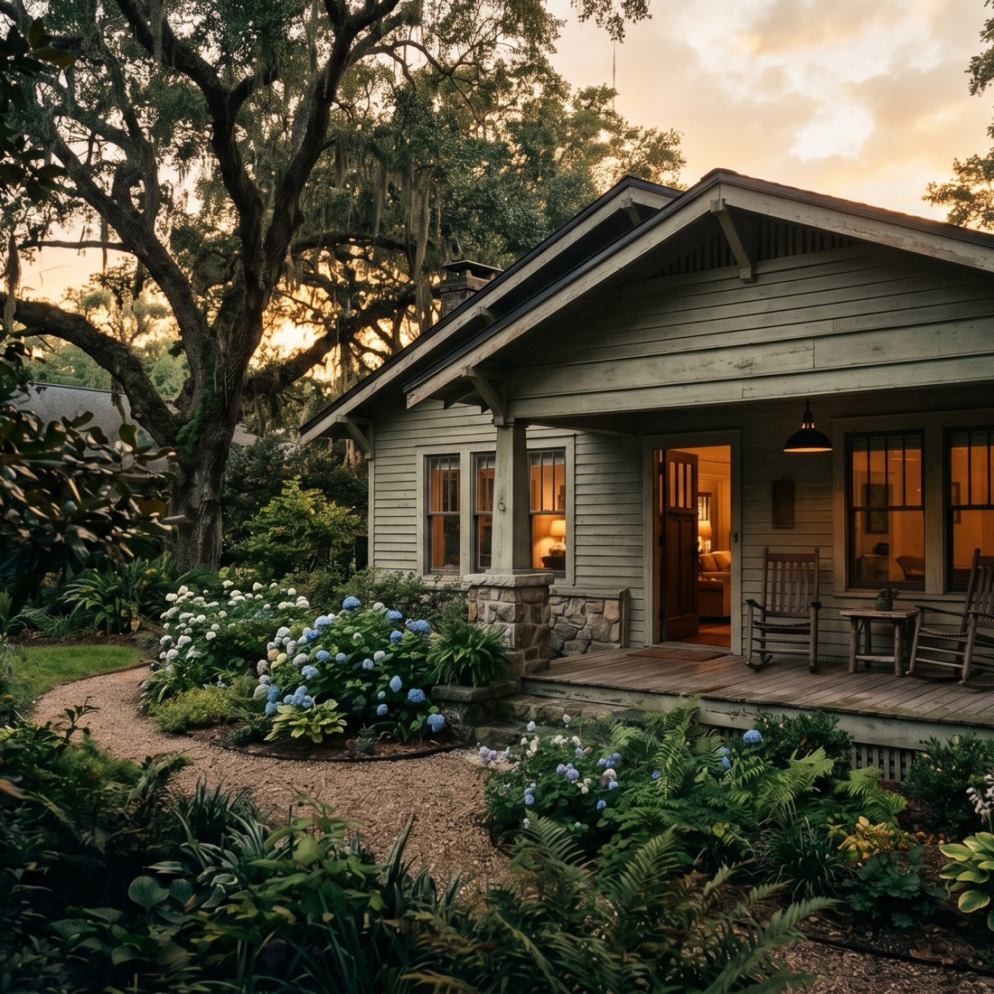 Single-story craftsman home at golden hour with a covered porch and rocking chairs — illustrating True Blue Lending HECM and proprietary jumbo reverse mortgage programs for borrowers 62 and older.