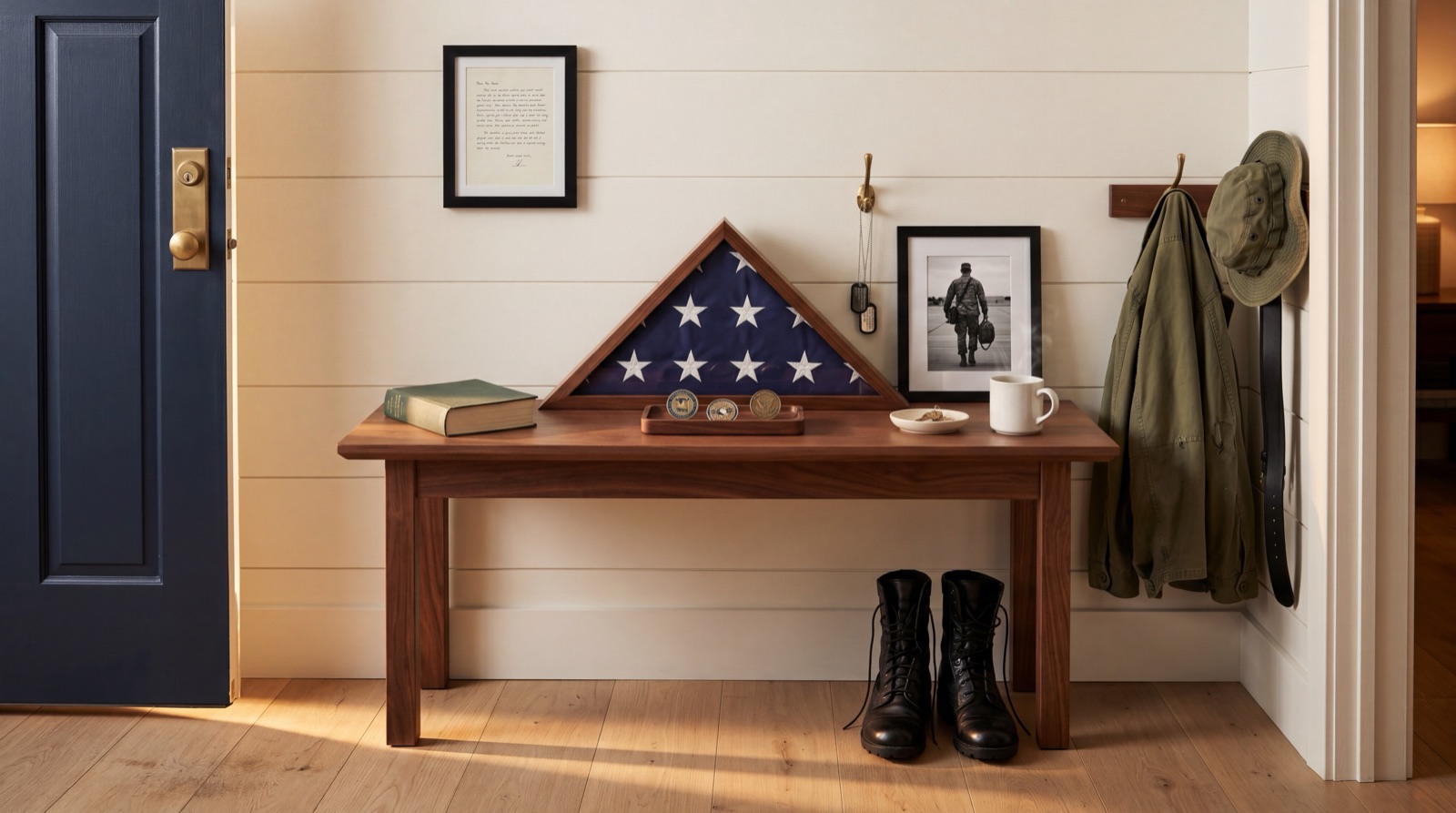 Quintessential American suburban single-family home at golden hour with white siding, navy front door, and an American flag on the porch column — illustrating True Blue Lending VA loan financing for veterans.