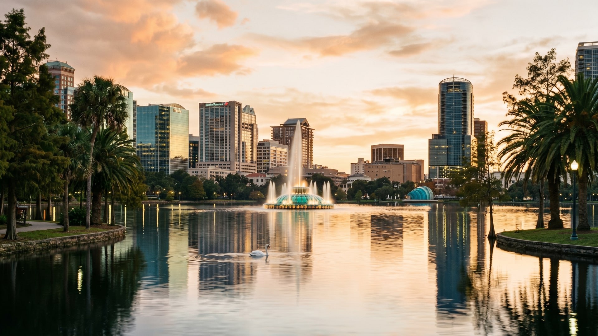 Lake Eola in downtown Orlando at golden hour, with the iconic illuminated fountain reflecting on the calm water and the Orlando skyline in the background