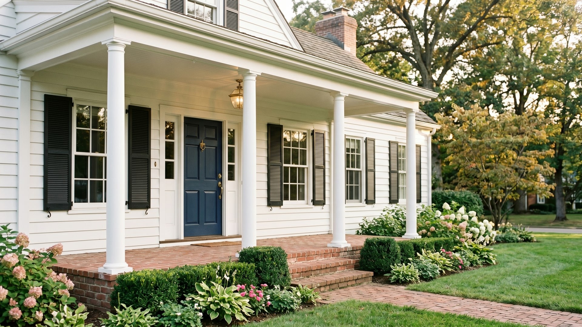 Classic American Colonial home exterior with white siding, black shutters, and a wide red-brick covered front porch at golden hour, with well-tended landscaping