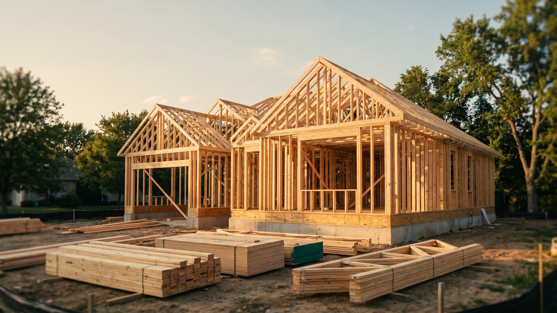 A new single-family home at the framing stage of construction — fresh lumber framing rising over a poured foundation on a quiet suburban lot, with stacks of lumber in the foreground lit by warm golden-hour light