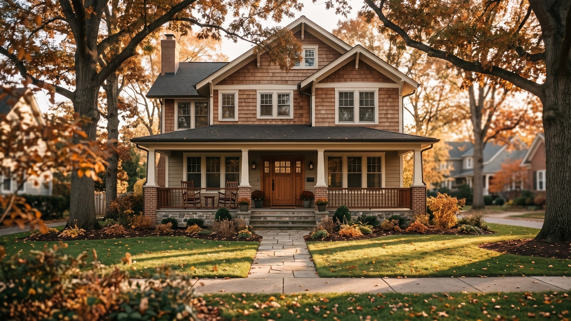 A welcoming two-story craftsman suburban home with brick-and-clapboard facade, covered front porch with rocking chairs, and mature oak trees at warm late-afternoon golden hour
