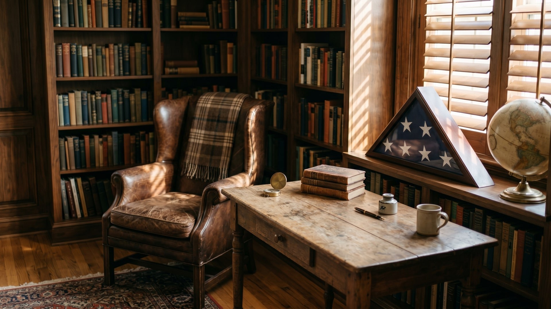 A quiet wood-paneled study with a leather wingback chair, a folded American flag in a wooden triangular display case on a built-in bookshelf, and morning light through plantation shutters