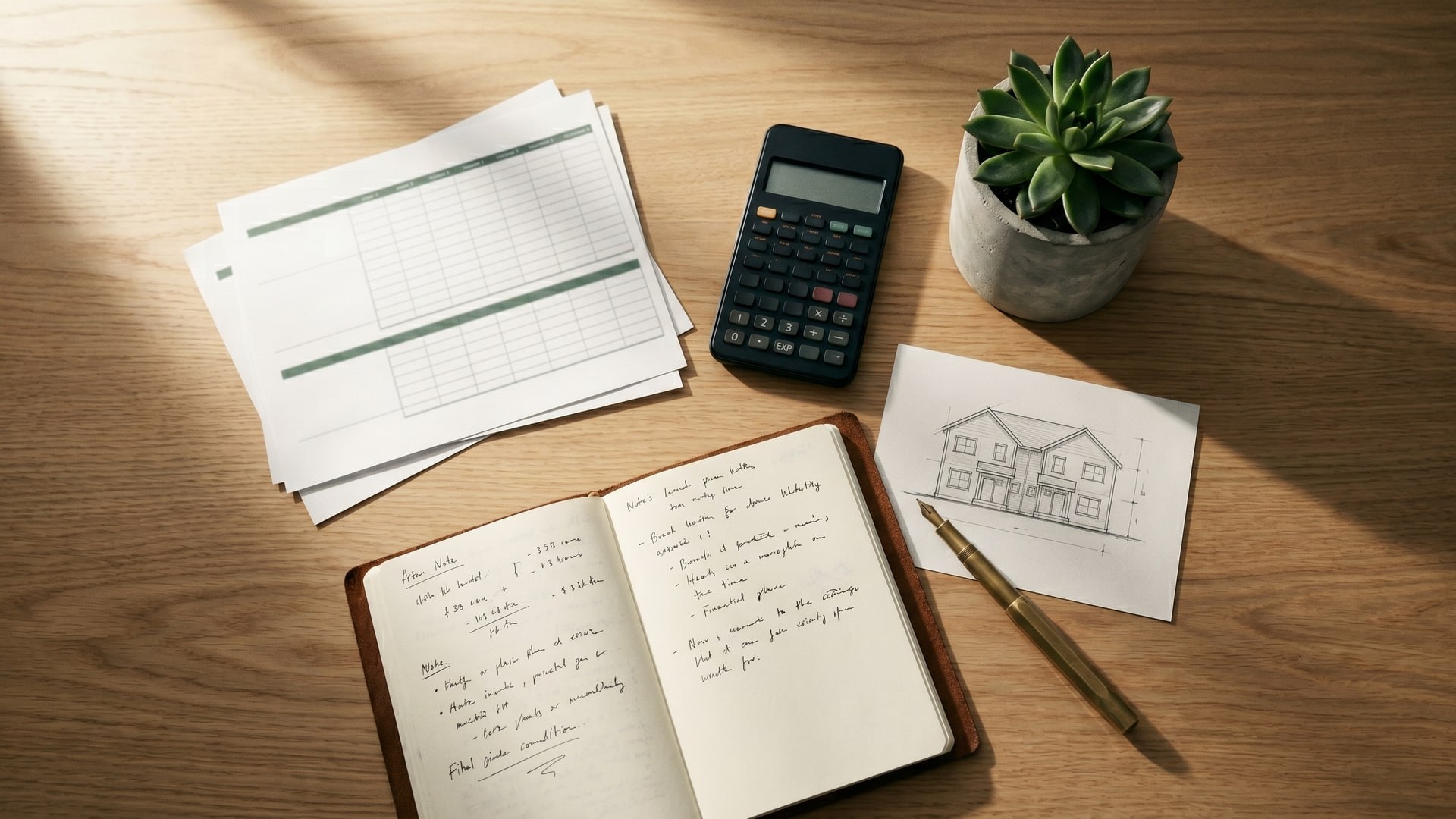 An overhead view of an investment-property cash-flow analysis on a wood desk: rental income spreadsheets, a financial calculator, a leather notebook with handwritten notes, and a small architectural sketch of a duplex