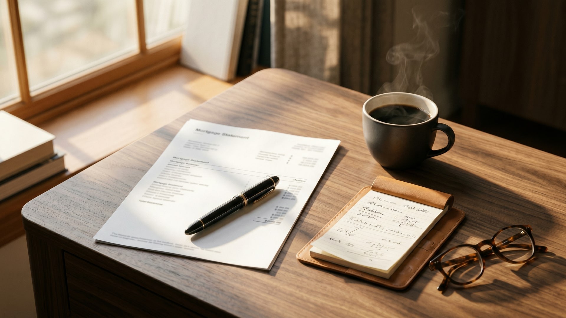 A tidy wood writing desk with a mortgage statement, a fountain pen, a leather notepad with handwritten calculations, a steaming cup of coffee, and horn-rimmed reading glasses in warm morning sunlight