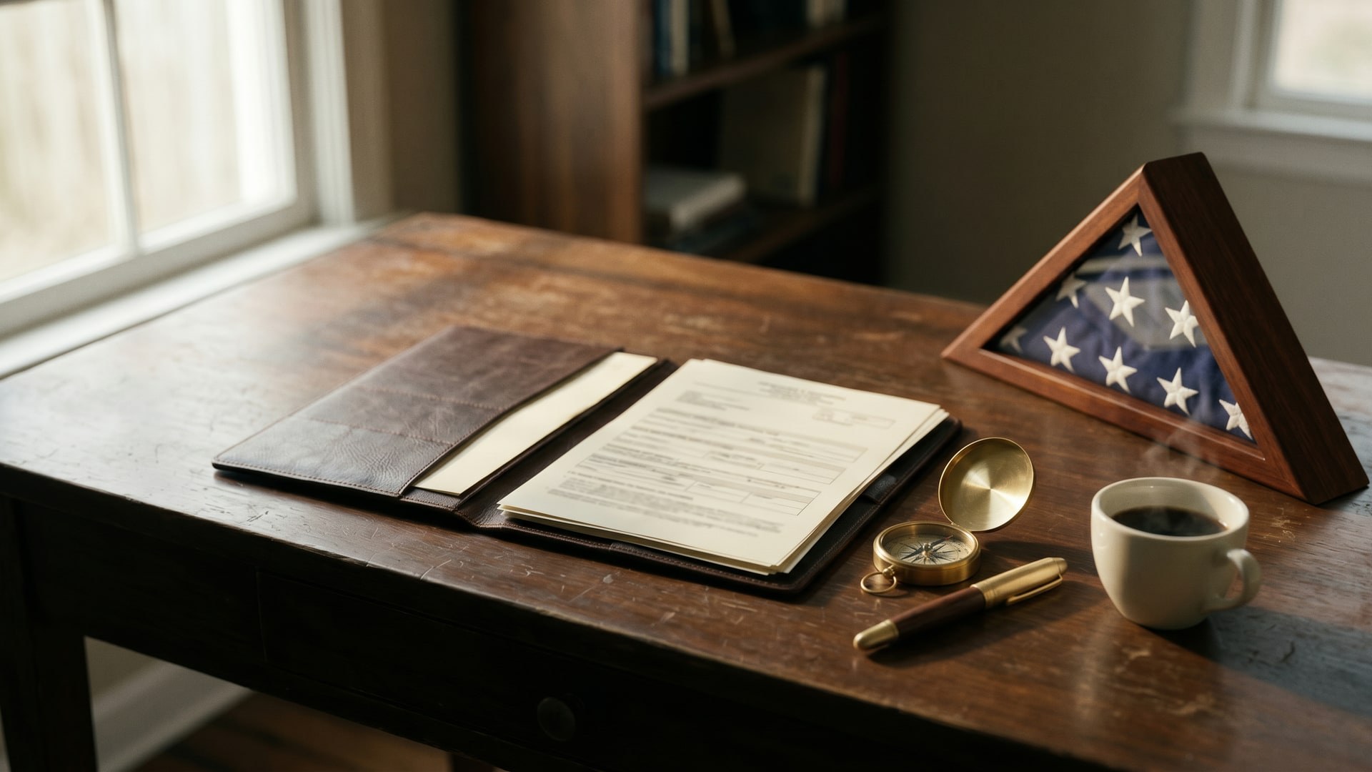 A still-life on a wood desk: a leather document folder, a polished brass compass, a fountain pen, a coffee cup, and a folded American flag in a wooden triangular display case beside a sunlit window