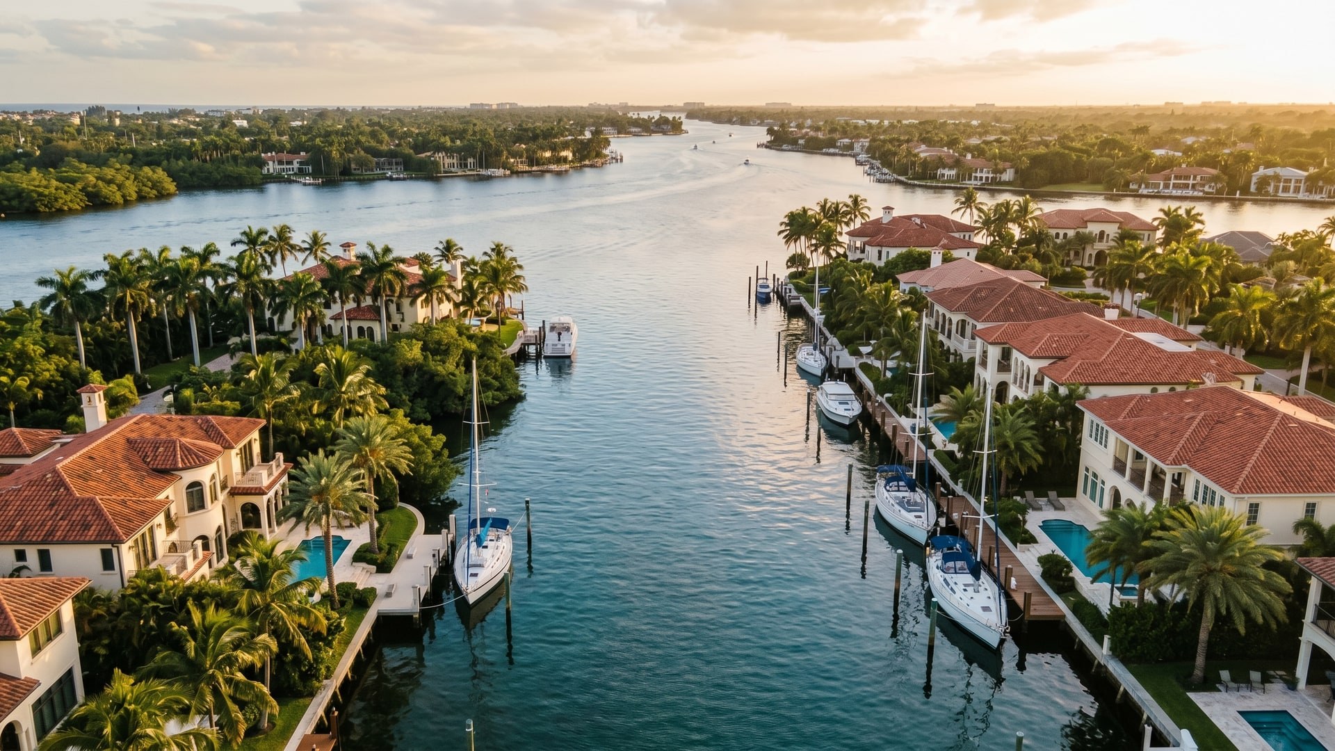 Aerial view of the Fort Lauderdale Intracoastal Waterway at golden hour, with waterfront homes, terracotta roofs, and sailboats moored along private docks