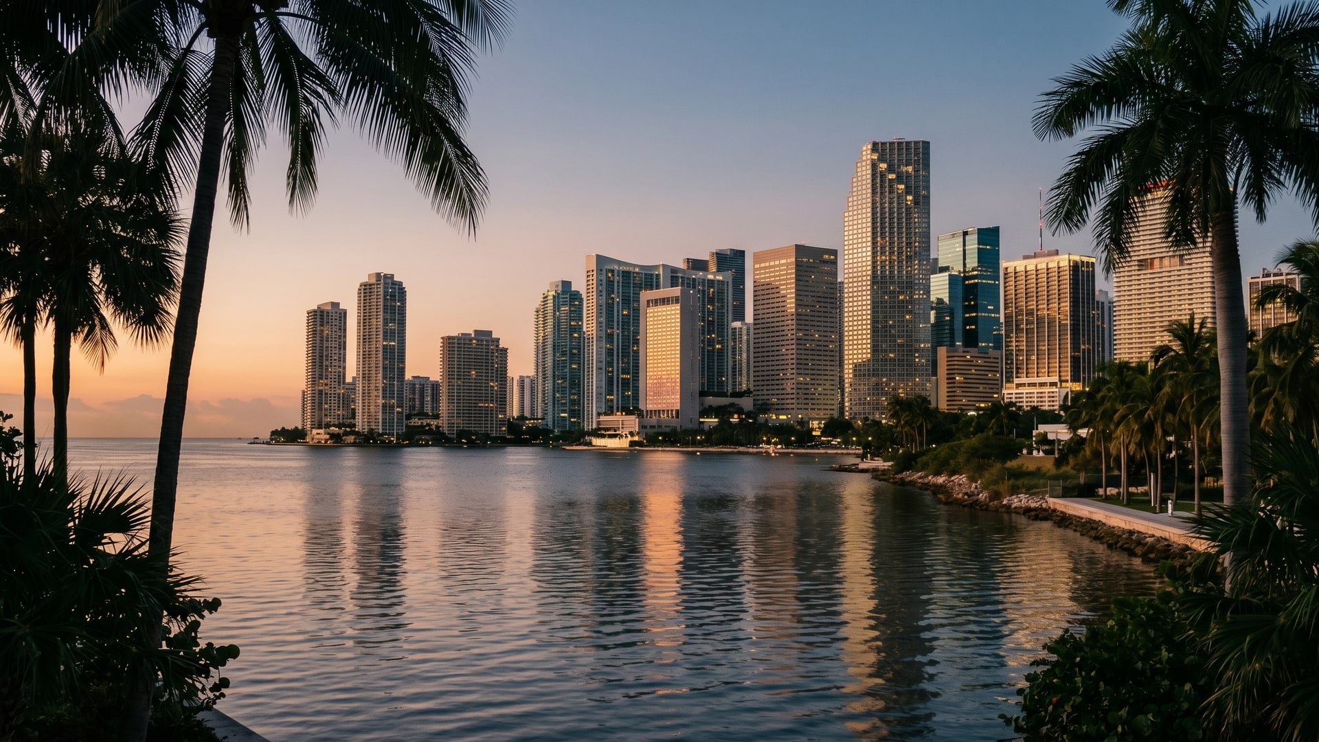 Brickell skyline at twilight with the downtown Miami high-rises reflecting in Biscayne Bay, framed by silhouetted royal palms