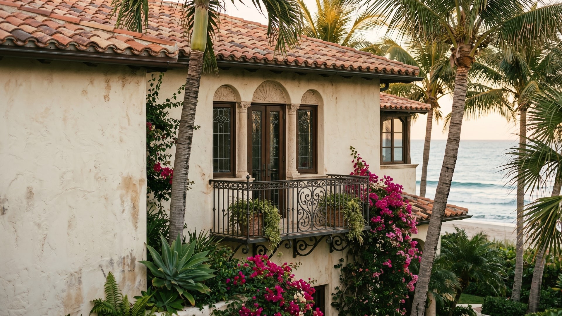Architectural detail of a Mediterranean Revival oceanfront estate in Palm Beach, Florida, with terracotta tile roof, cream stucco walls, and tropical bougainvillea